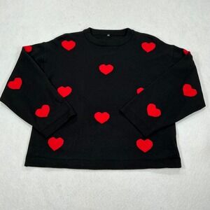 Unbranded Black Heart Pattern Knit Sweater Womens Medium Red Hearts Pullover